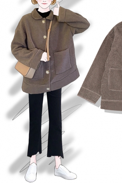 Trendy Women's Long Sleeve Lapel Collar Button Down Pockets Side Contrast Piped Plain Sherpa Boxy Jacket
