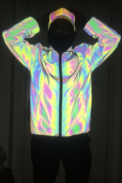 Unique Rainbow Reflective Lapel Collar Long Sleeves Zip Placket Loose Fit Men's Jacket