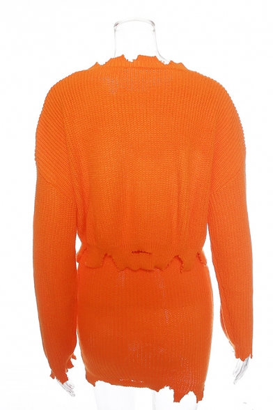 Unique Ripped Destroyed Long Sleeve Crop Sweater & Mini Knitted Skirt Orange Plain Co-ords