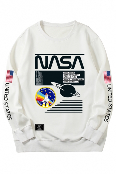 Unisex Fashion NASA Letter Planet Rocket Print Round Neck Loose Fit Pullover Sweatshirt