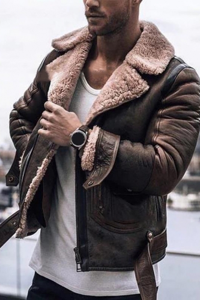 Yayu Mens Suede Shearling Sherpa Lined Faux Leather Fur Motorcycle Jacket 