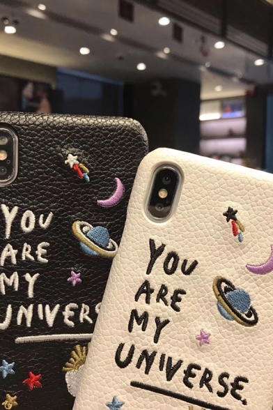 Vintage Style Embroidered Planet YOU ARE MY UNIVERSE Print PU Mobile Phone Cover
