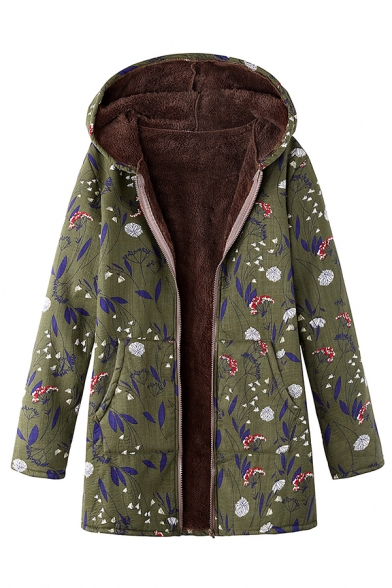 Winter Thick Long Sleeve Hooded Zip Up Floral Pattern Sherpa Liner Loose Fit Midi Coat for Women