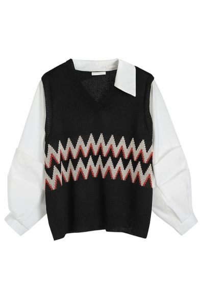 Women's Basic Casual Balloon Sleeve V-Neck Chevron Printed Patched Purl-Knit Boxy Pullover Sweater