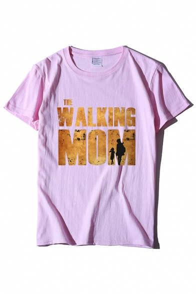 Women's Basic Short Sleeve Crew Neck Letter THE WALKING MOM Graphic Loose T Shirt