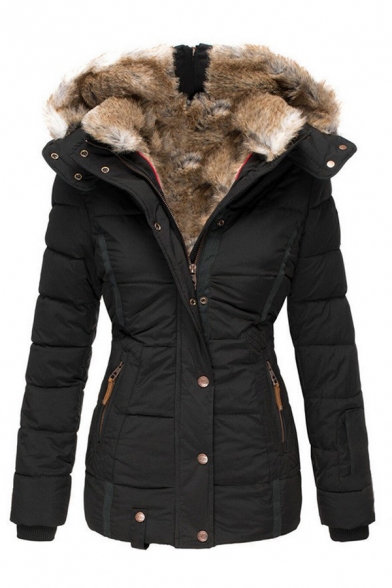 HHei_K Women Winter Solid Notched Lapel Long Sleeve Zip Cuff Plush Pocket Jacket Casual Loose Long Outwear Coat 