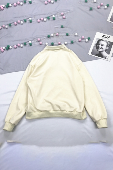 Women's Casual Basic Long Sleeve Lapel Collar Button Front Comic Graphic Oversize Pullover Sweatshirt in Beige