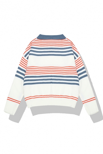 Women's Fashion Long Sleeve Crew Neck Stripe Printed Relaxed Fit Knit Pullover Sweater in White