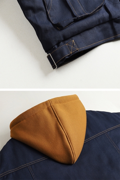 Women Warm Street Long Sleeve Hooded Drawstring Zip Up Press Button Flap Pockets Contrasted Buckle Detail Oversize Denim Jacket in Navy