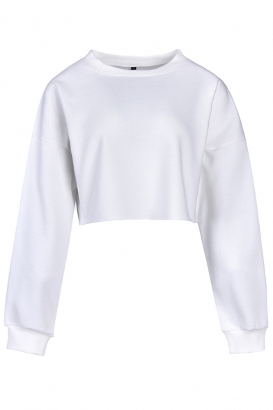 Womens Casual Plain Long Sleeve Round Neck Loose Daily Wear Cropped Sweatshirt