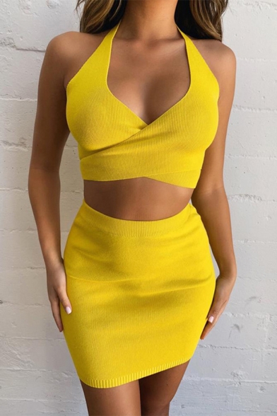 Womens Fashionable Yellow Cross Halter Cami Top with Mini Skirt Two Piece Co-ords