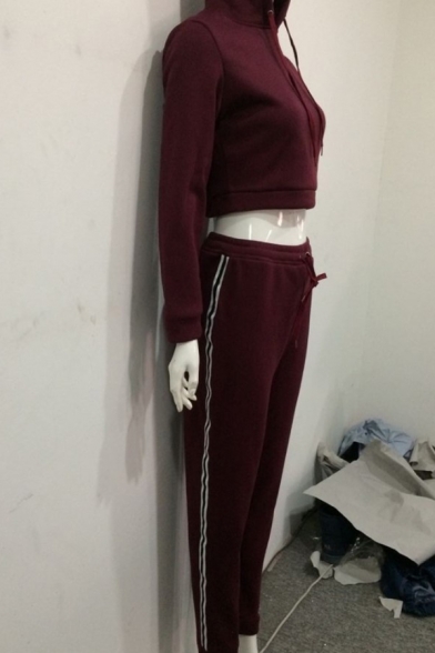 Womens Simple Plain Long Sleeve Crop Hoodie & Striped Pants Two Piece Sports Set