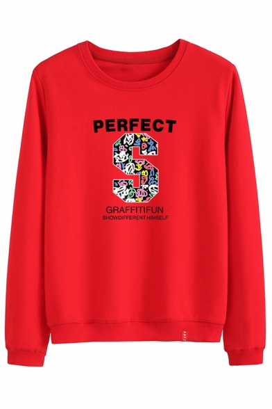 Basic Trendy Long Sleeve Crew Neck PERFECT GRAFFITIFUN Letter Loose Pullover Sweatshirt for Women