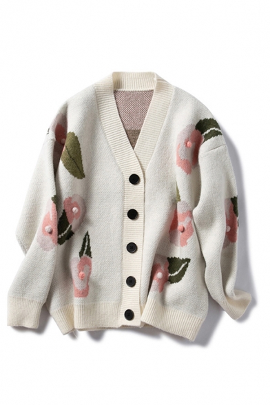 Casual Flower Leaf Pattern Pompom Decoration Button Up Loose Slouchy Knit Cardigan