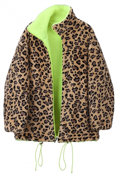 Chic Fashion Female Balloon Sleeve Stand Collar Zip Front Leopard Drawstring Sherpa Reversible Baggy Coat in Green