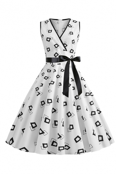 Chic Formal Sleeveless Surplice Neck Bow Tie Waist Geo Printed Zipper Back Midi Pleated Flared Dress for Women