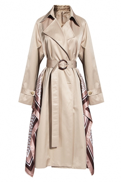 Chic Khaki Long Sleeve Peak Collar Buckle Belted Geo Print Patched Slim Fit Long Trench Coat for Ladies