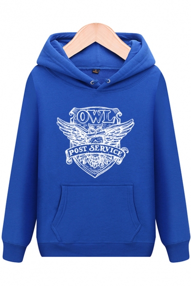 Classic Badge Letter OWL POST SERVICE Printed Long Sleeves Casual Hoodie with Pocket