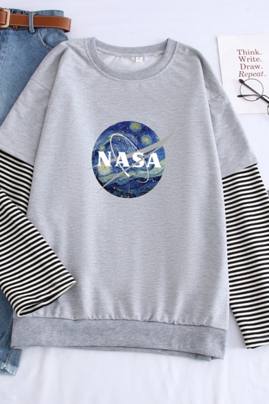 Classic Letter NASA Print Stripe Patched Long Sleeve Fake Two Piece Loose Sweatshirt