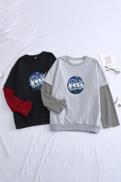 Classic Letter NASA Print Stripe Patched Long Sleeve Fake Two Piece Loose Sweatshirt