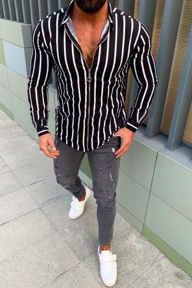 Classic Stripe Printed Long Sleeve O-Ring Zip Up Slim Fit Leisure Shirt for Men