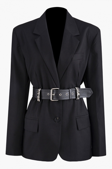 Cool Black Long Sleeve Notch Lapel Collar Button Front Buckle Belted Slim Fit Blazer for Women