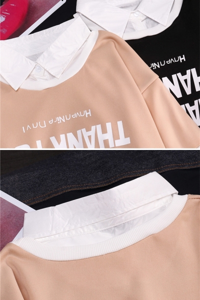 Cool Casual Girls' Long Sleeve Lapel Neck Letter THANK YOU False Two Piece Loose Pullover Sweatshirt