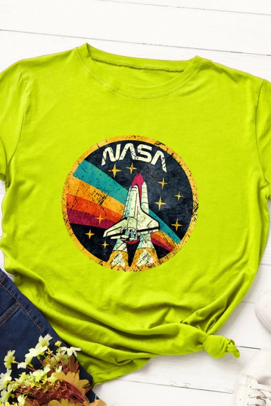 Cool Girls' Short Sleeve Crew Neck Letter NASA Rocket Pattern Relaxed T Shirt