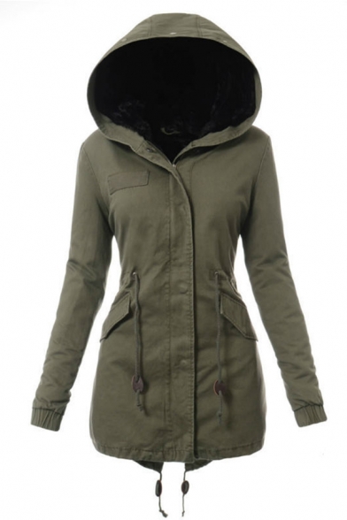 Cool Warm Ladies' Long Sleeve Hooded Zipper Button Front Drawstring Flap Pockets Sherpa Trim Relaxed Plain Midi Anorak Coat