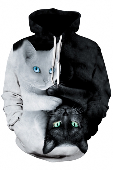 Creative Black and White Cats 3D Printed Long Sleeve Casual Pullover Hoodie
