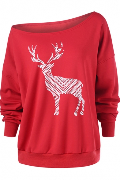 Creative Geometric Reindeer Pattern One Shoulder Long Sleeve Relaxed Fit Sweatshirt