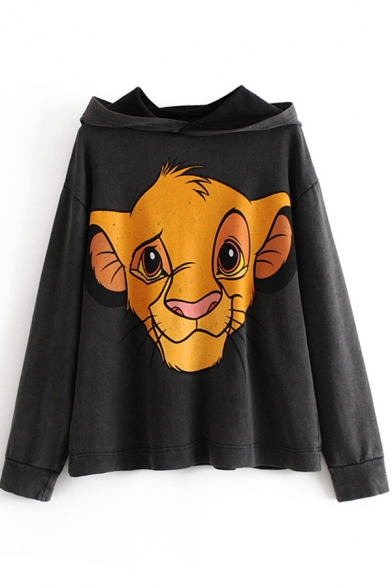 Cute Casual Black Long Sleeve Lion Patterned Plus Size Hoodie for Women