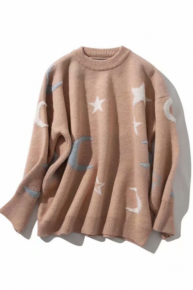 Cute Casual Long Sleeve Crew Neck Star Moon Pattern Purl Knit Baggy Pullover Sweater Top for Girls