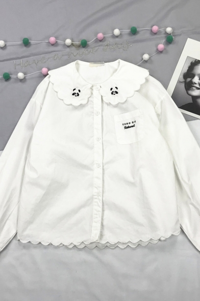 Cute Girls' Blouson Sleeve Peter Pan Collar Button Down Letter TONG QU RESTAURANT Panda Embroidered Scalloped Loose Short Shirt in White