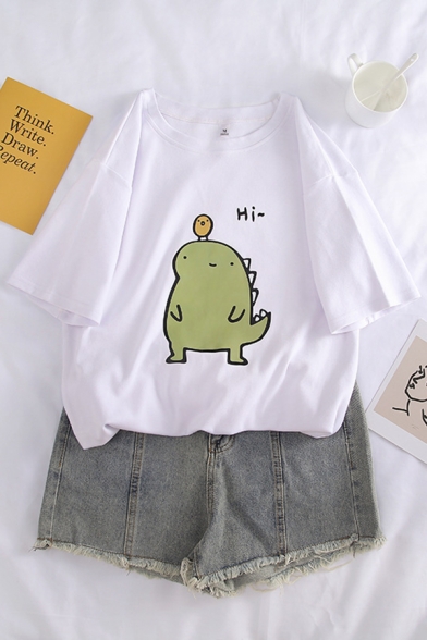 Cute Girls' Short Sleeve Crew Neck Letter HI Dinosaur and Egg Pattern Loose Fit Tee