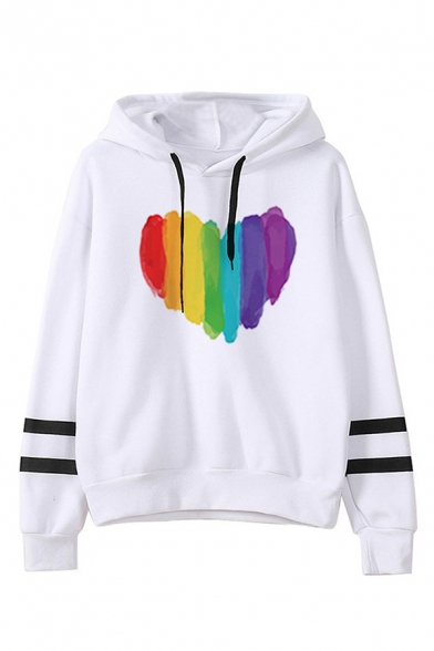 Cute Rainbow Heart Letter Cartoon Pattern Striped Long Sleeves White Drawstring Hoodie