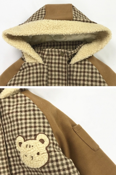 Cute Women's Blouson Sleeve Hooded Button Front Pockets Side Bear Embroidered Sherpa Fleece Thick Oversize Coat