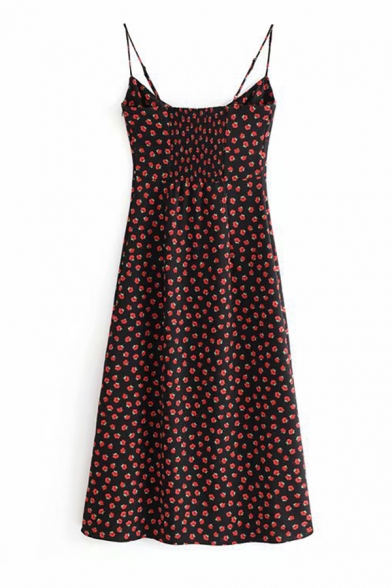 Elegant Ladies' Sleeveless All Over Rose Print Bow Tie Pleated Midi A-Line Cami Dress in Black