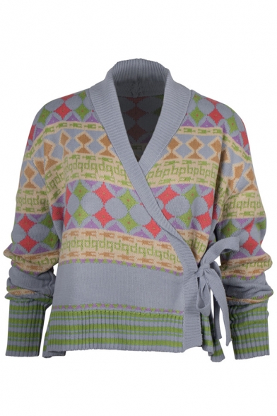 Ethnic Unique Women's Long Sleeve Shawl Collar Bow Tie Side Argyle Pattern Knit Wrap Cardigan