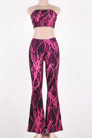 Fancy Rose Red Lightning Pattern Crop Tube Top with Flared Pants Two Pieces Co-ords