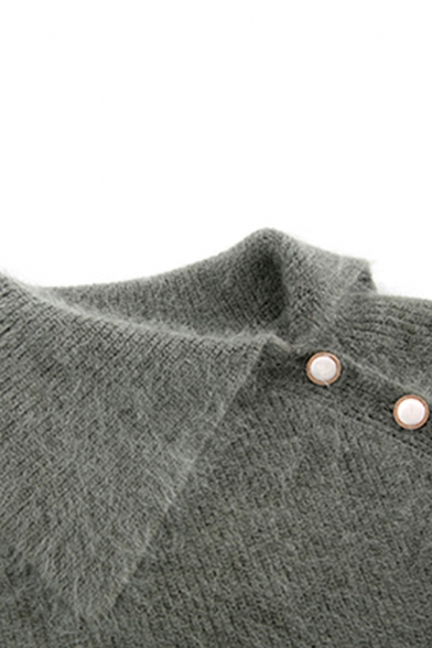 Fashion Green Long Sleeve Exaggerate Collar Button Detail Fuzzy Knit Relaxed Pullover Sweater Top for Women