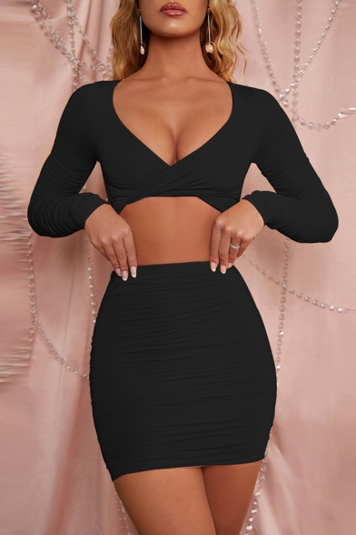 Female Classic Ruched Cross V-Neck Long Sleeve Crop Top with Mini Skirt Plain Co-ords