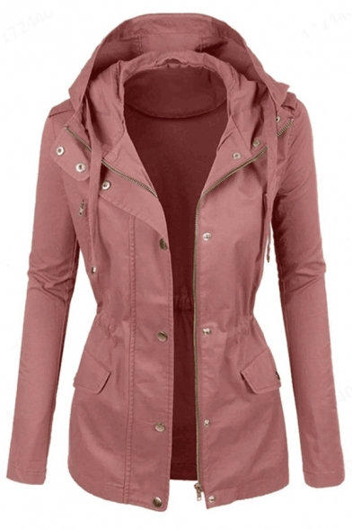 Female Simple Long Sleeve Hooded Button Zip Front Flap Pockets Drawstring Plain Relaxed Trench Coat