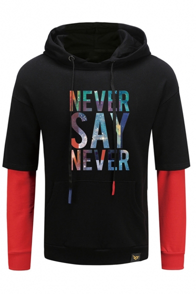 Funny Letter NEVER SAY NEVER Printed False Two Piece Patch Long Sleeve Pullover Hoodie