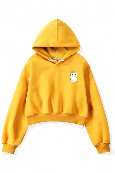 Cute Cartoon Cat Printed Long Sleeve Yellow Thick Cropped Hoodie