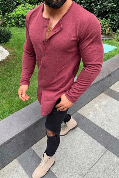Whole Colored Long Sleeve Round Neck Button-Down Fitted Thin T-Shirt
