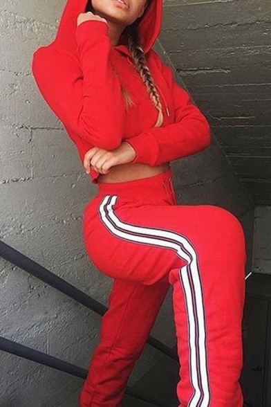 Ladies Leisure Red Loose Cropped Hoodie with Striped Side Pants Two Piece Active Set