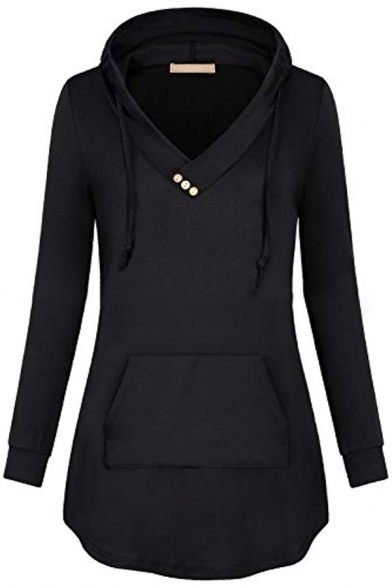 Ladies Popular Solid Color V-Neck Long Sleeve Loose Fit Tunic Drawstring Hoodie