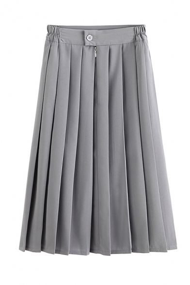 Ladies' Pretty Grey High Waist Button Zipper Front Midi Pleated A-Line Skirt