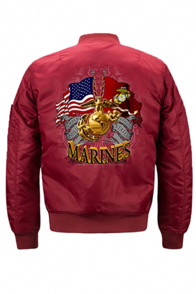 MARINES Letter Flag Print Ribbon Embellished Long Sleeve Zip Up Quilted Flight Jacket